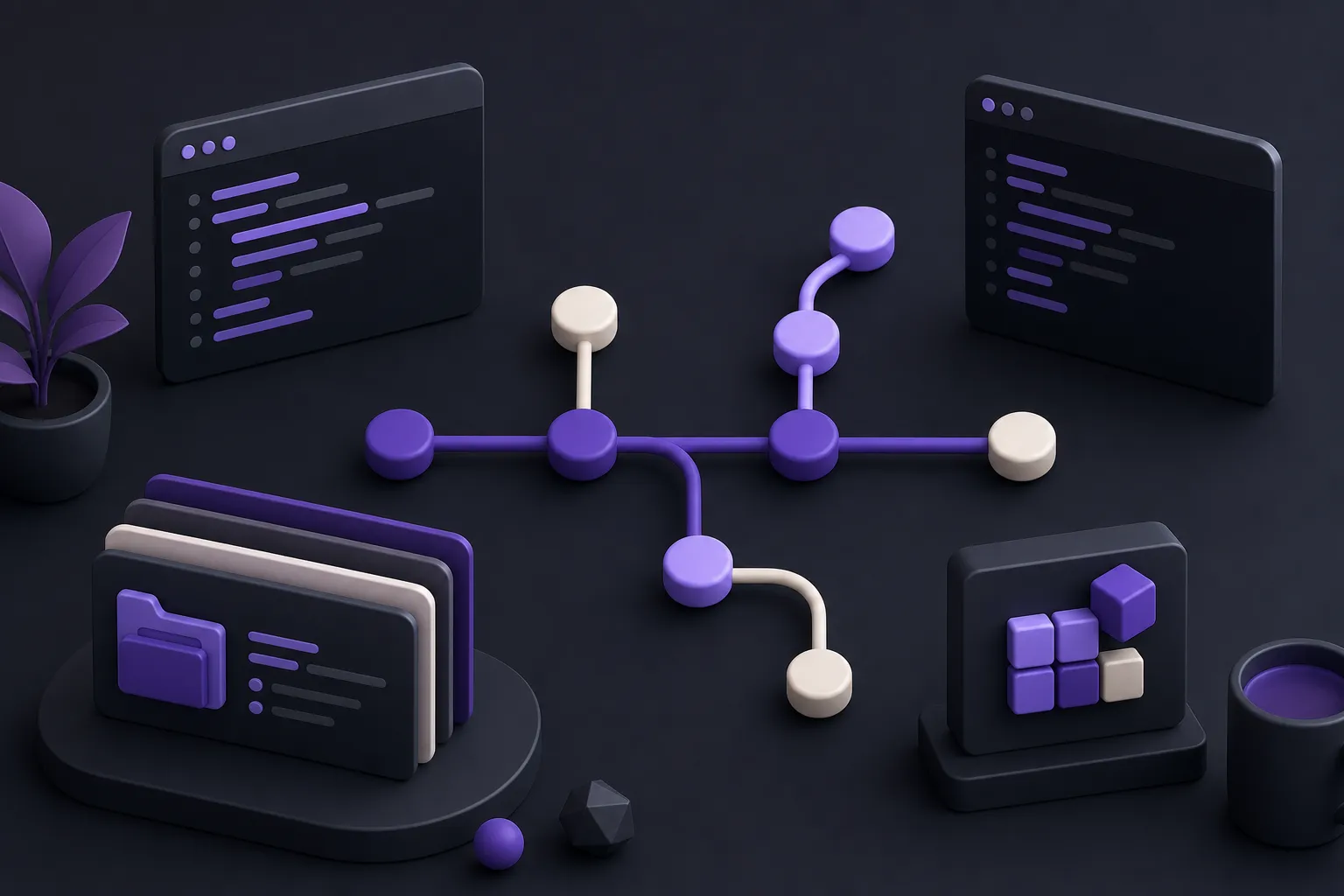 Illustration violette d’un historique Git composé de branches et de commits